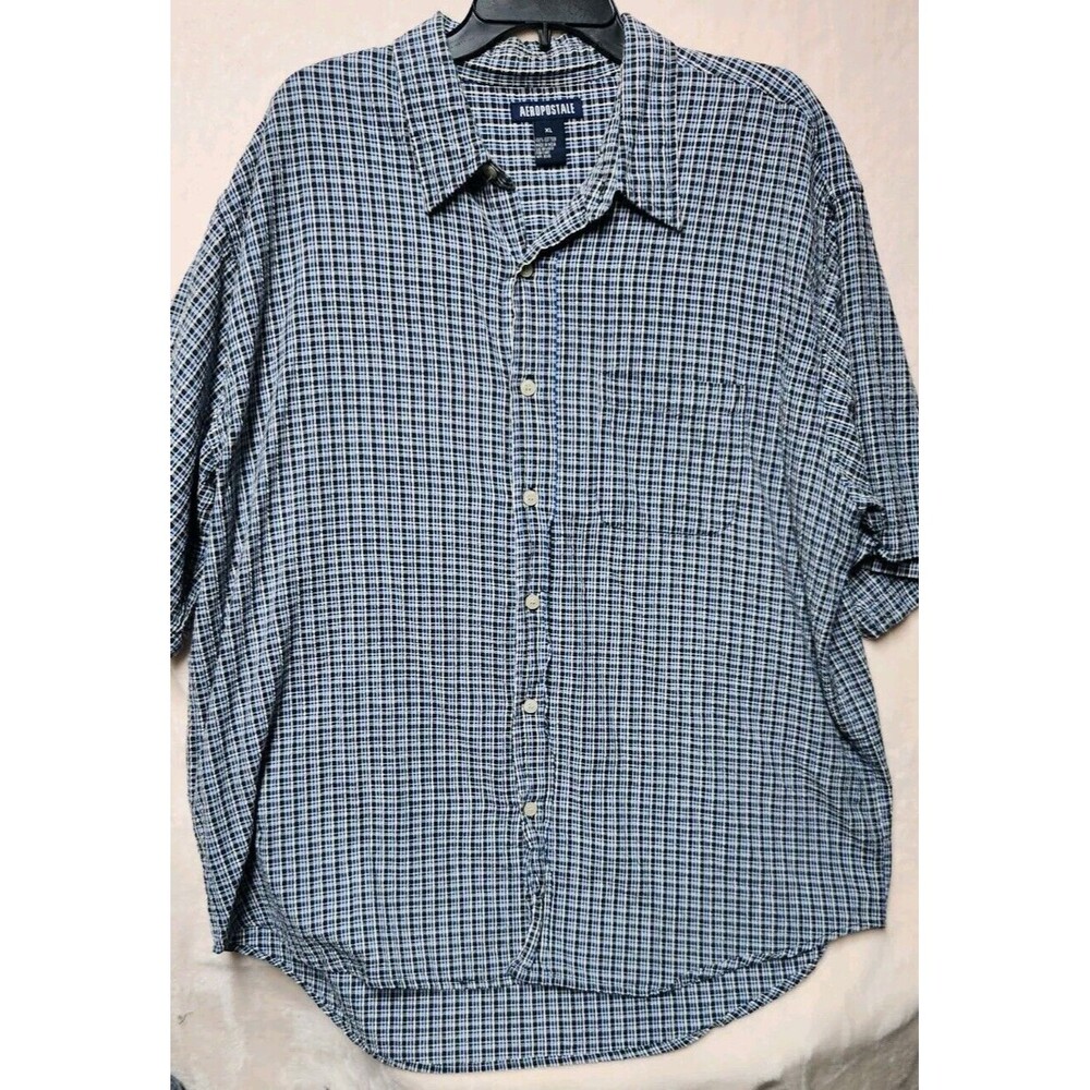 Aeropostale Shirt Men's XL  Blue Plaid Short Sleeve Button Cotton Classic